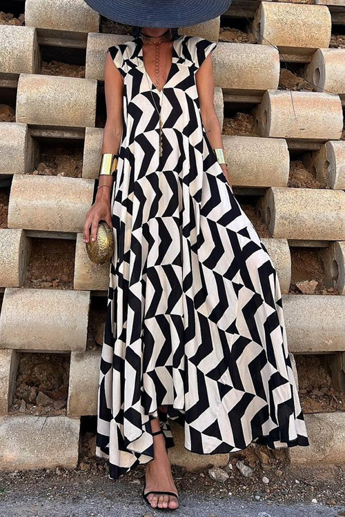 V Neck Cap Sleeves Printed A-line Maxi Vacation Dress