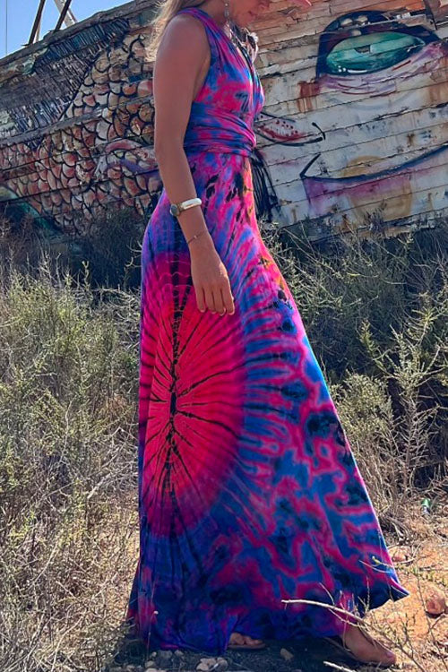 Karladress V Neck Criss Cross Backless Tie Dye Maxi A-line Dress