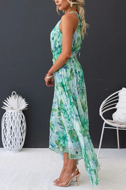 Karladress V Neck Waisted Cut Out Floral Pleated Maxi Dress