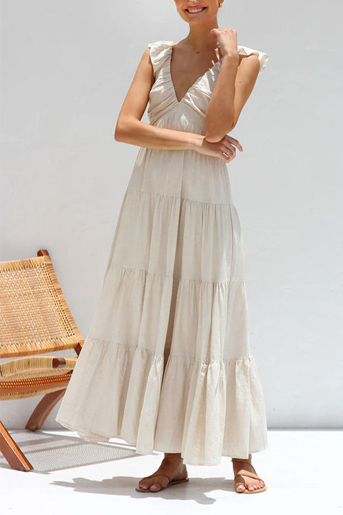 Karladress V Neck Ruffle Trim Tiered Sleeveless Linen Maxi Dress