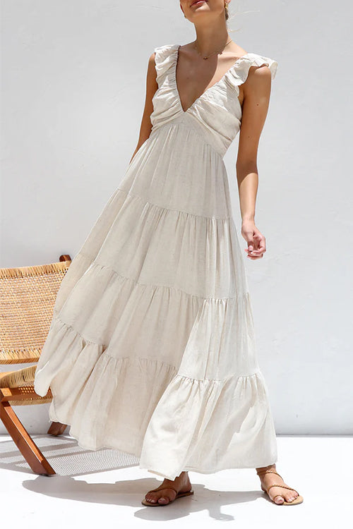 Karladress V Neck Ruffle Trim Tiered Sleeveless Linen Maxi Dress