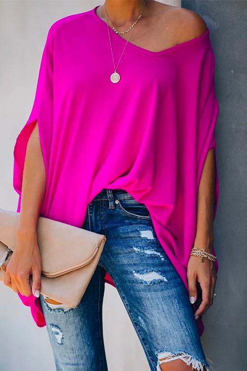 Karladress Loose V Neck Batwing Sleeve Solid T Shirt