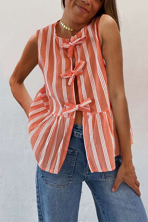 Karladress Crewneck Sleeveless Striped Ruffle Bow Top