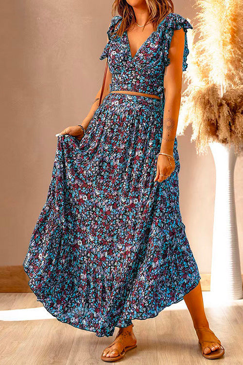 Karladress V Neck Ruffle Crop Top High Waist Maxi Skirt Floral Set