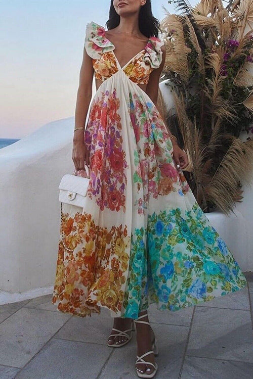 Karladress V Neck Open Back Ruffle Trim Color Block Floral Maxi Holiday Dress