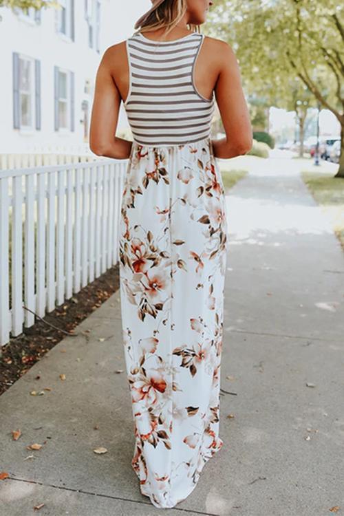 Karladress Sleeveless Stripes Splice Floral Maxi Dress