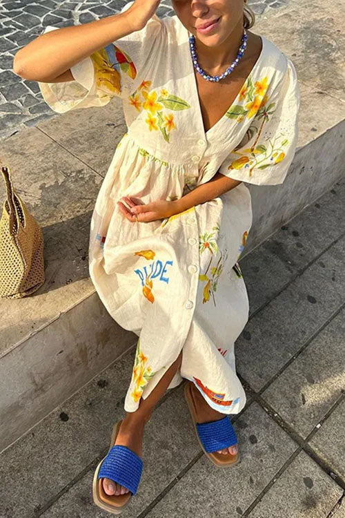 Karladress V Neck Button Down Tropic Print Sun-kissed Maxi Holiday Dress