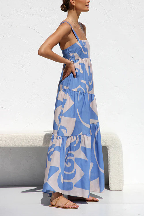 Karladress Adjustable Strap Waisted Soleil Print Ruffle Maxi Dress