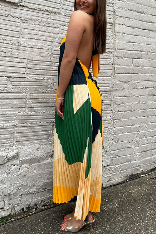 Karladress Halter Backless Color Block Printed Maxi Pleated Dress