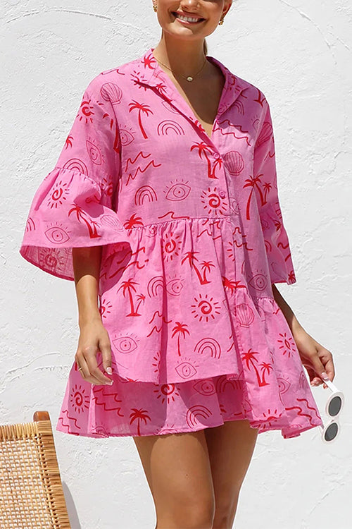 Karladress Flare Sleeves Button Down Graffiti Print Ruffle Shirt Dress