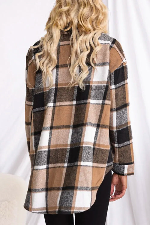 Karladress Lapel Button Down Pockets Plaid Shacket Coat