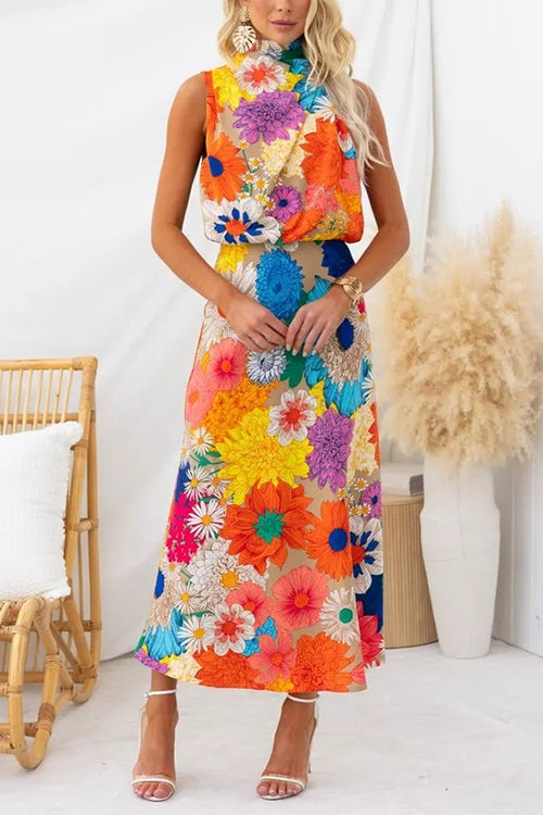 Karladress Sleeveless Tie Neck Waisted Floral Print Maxi Dress