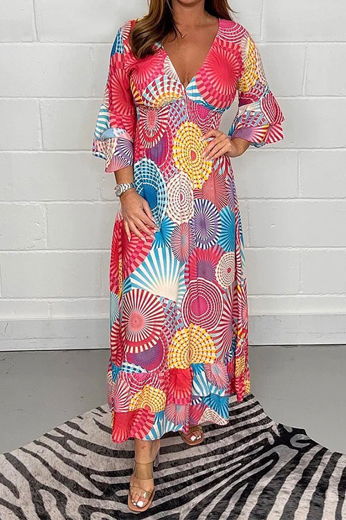 Karladress V Neck Ruffle Sleeve Printed Maxi Swing Dress