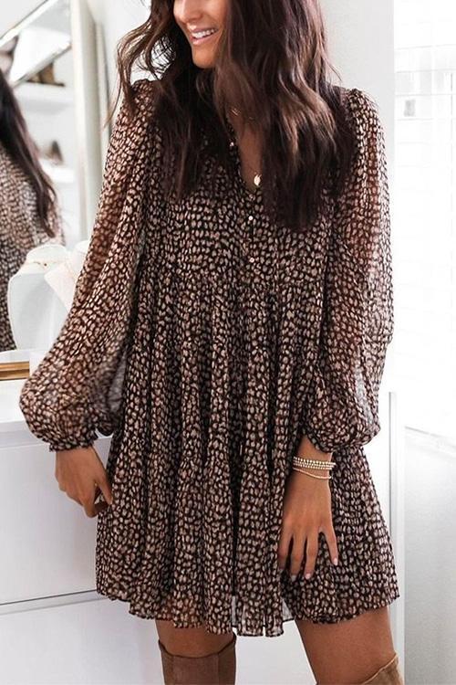 Karladress V Neck Leopard Swing Mini Dress