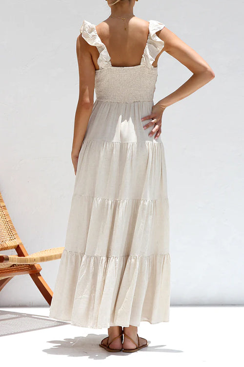 Karladress V Neck Ruffle Trim Tiered Sleeveless Linen Maxi Dress