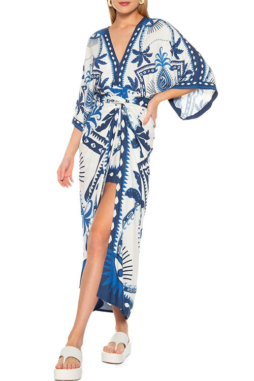 Karladress V Neck Kimono Sleeves Tie Waist Printed Wrap Dress