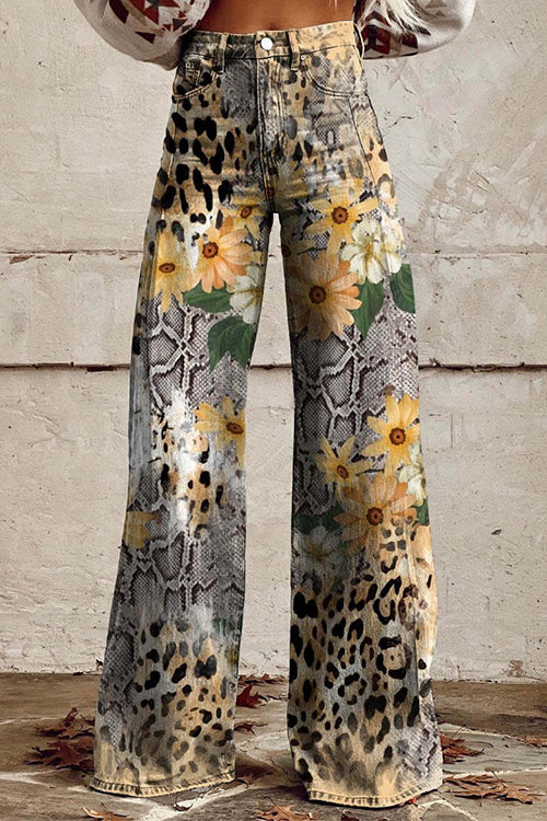 Karladress Leopard Floral Print Wide Leg Pocketed Pants