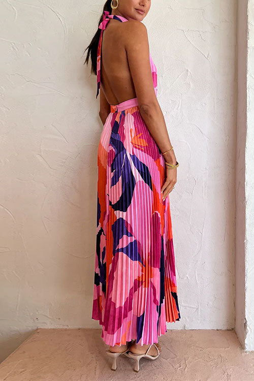 Karladress Halter Backless Cut Out Printed Maxi Pleated Dress