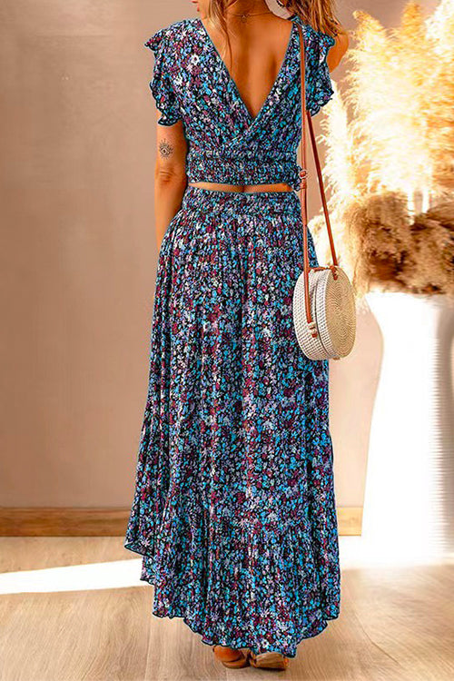 Karladress V Neck Ruffle Crop Top High Waist Maxi Skirt Floral Set