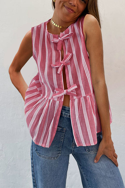 Karladress Crewneck Sleeveless Striped Ruffle Bow Top