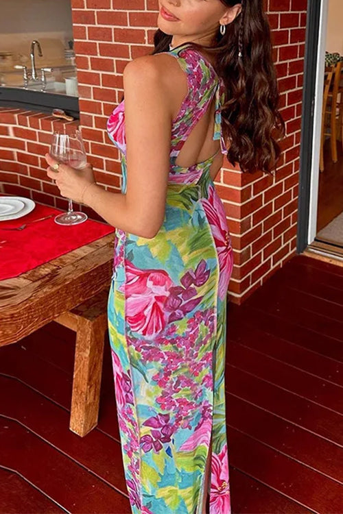 Karladress Sleeveless Back Cut Out Slit Tropical Floral Print Maxi Dress