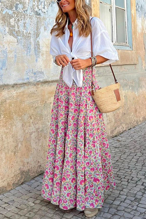 Karladress Frilled Elastic Waist Bohemia Floral Maxi Flowy Skirt