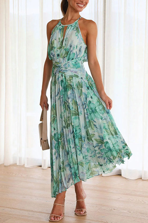 Karladress V Neck Waisted Cut Out Floral Pleated Maxi Dress