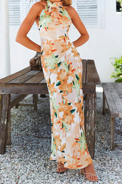 Karladress Tie Neck Backless Floral Printed Maxi Flowy Dress