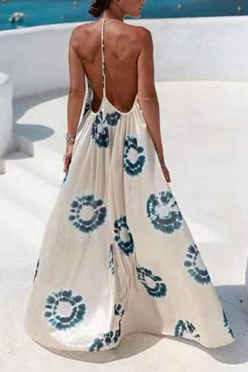 Karladress Halter V Neck Open Back Printed Swing Maxi Vacation Dress