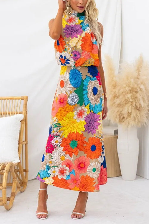 Karladress Sleeveless Tie Neck Waisted Floral Print Maxi Dress