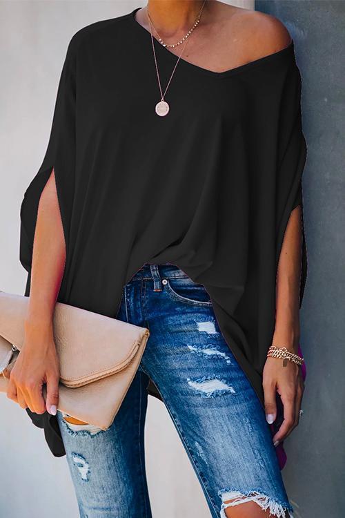 Karladress Loose V Neck Batwing Sleeve Solid T Shirt