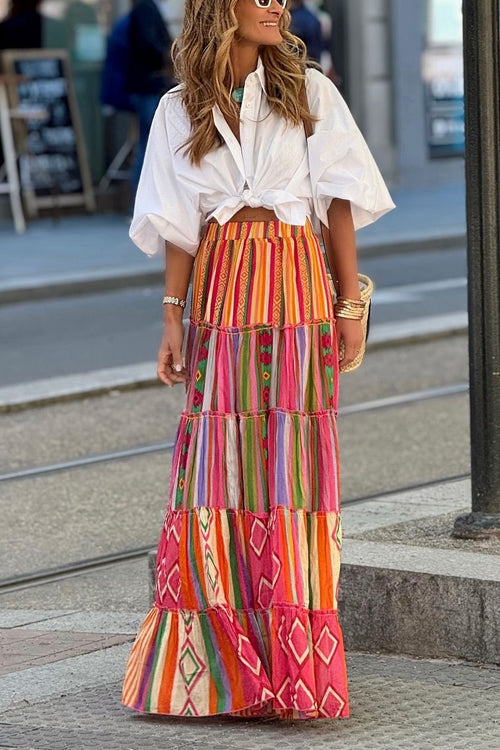 Karladress Elastic Waist Ruffle Tiered Color Block Printed Maxi Skirt