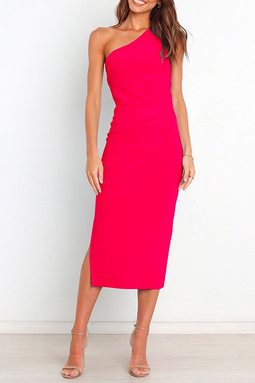 Karladress One Shoulder Ruched Side Split Midi Pencil Dress