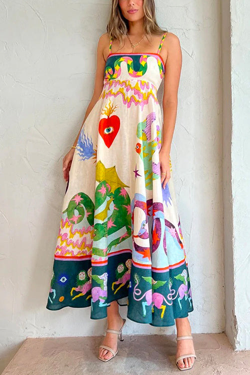 Karladress High Waist Cartoon Printed Swing Maxi Cami Dress