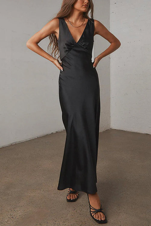 Karladress V Neck Sleeveless Tie Back Satin Maxi Dress