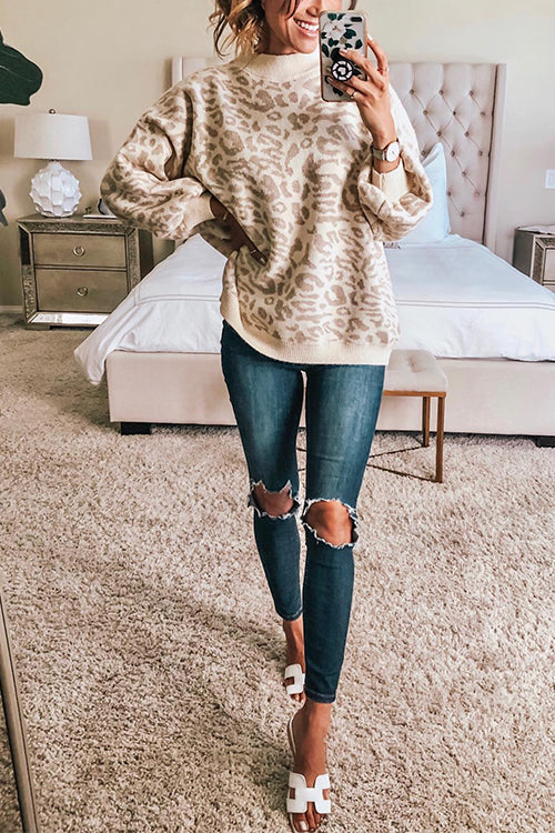 Karladress Crewneck Drop Shoulder Leopard Slouchy Sweater