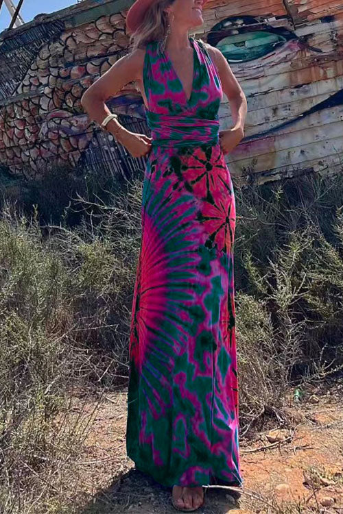 Karladress V Neck Criss Cross Backless Tie Dye Maxi A-line Dress