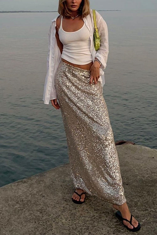 Karladress Elastic Waist Sequin A-line Maxi Skirt