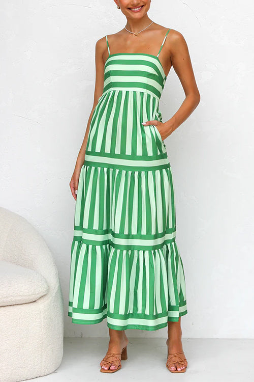 Karladress Spaghetti Strap Tiered Color Block Striped Maxi Dress