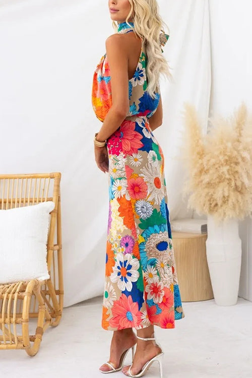 Karladress Sleeveless Tie Neck Waisted Floral Print Maxi Dress