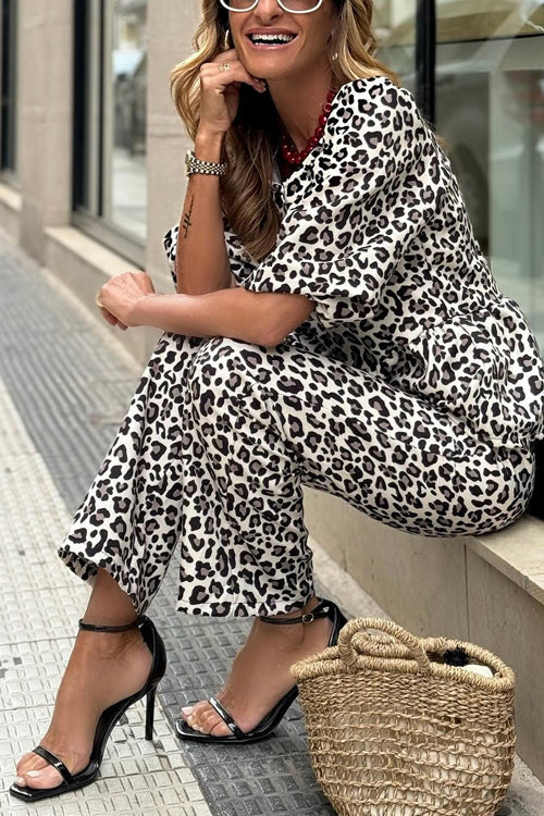 Karladress Half Sleeves Button Up Ruffle Shirt and Straight Leg Pants Leopard Set