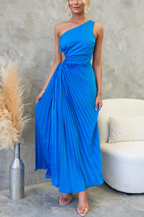 Karladress One Shoulder Drawstring Cut Out Waist Pleated Maxi Dress