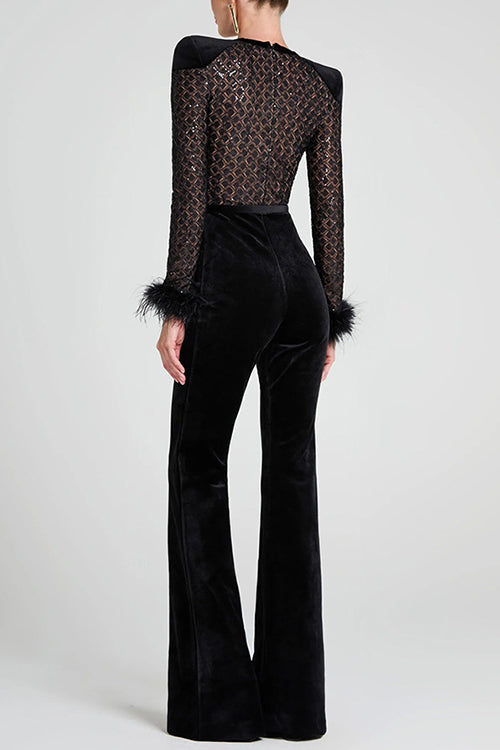 Karladress Feather Cuffs Bell Bottom Velvet Splice Jumpsuit