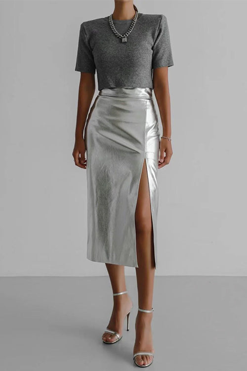 Karladress High Waist Slit Front Faux Leather Midi Skirt