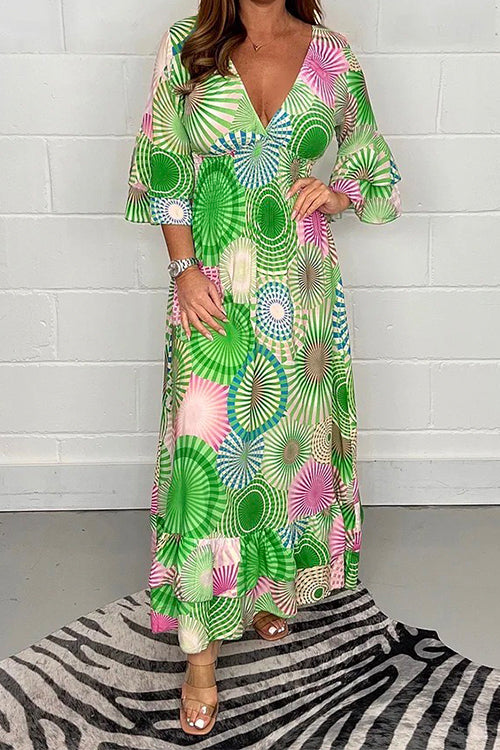 Karladress V Neck Ruffle Sleeve Printed Maxi Swing Dress