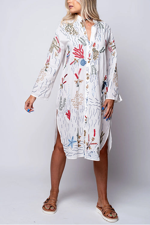 Karladress V Neck Long Sleeves Side Split Embroidery Shirt Dress