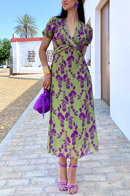 Karladress Cross V Neck Balloon Sleeves Printed Midi Dress