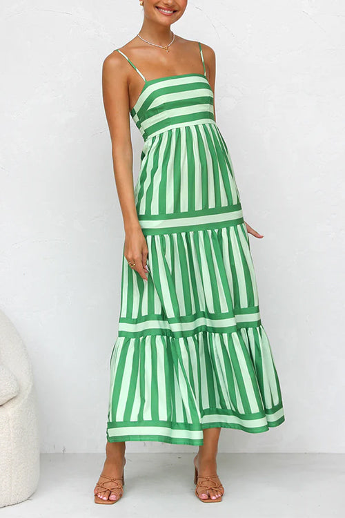 Karladress Spaghetti Strap Ruffle Tiered Color Block Striped Maxi Dress