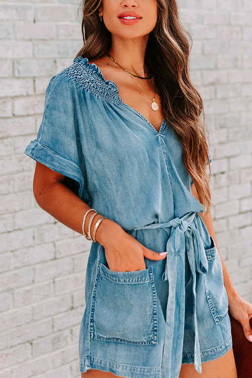 Karladress V Neck Short Sleeves Tie Waist Pockets Denim Romper