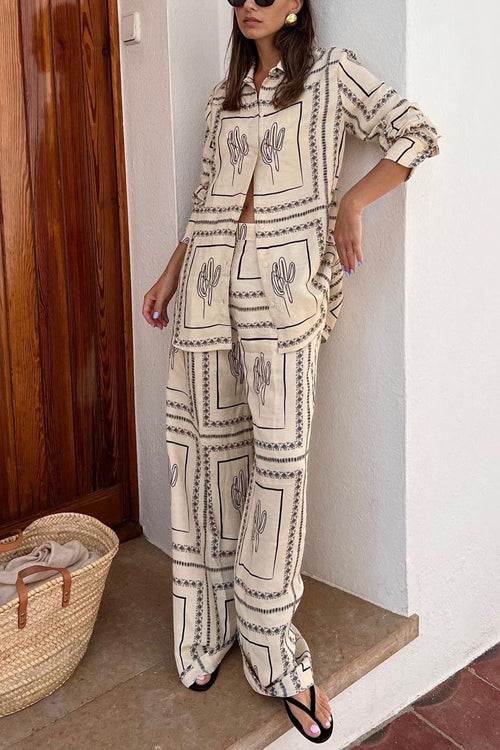 Karladress Cactus Print Lapel Long Sleeves Shirt Elastic Waist Wide Leg Pants Set